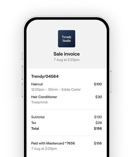 Exemple de reçu de vente Fresha affiché sur un téléphone, visuel officiel