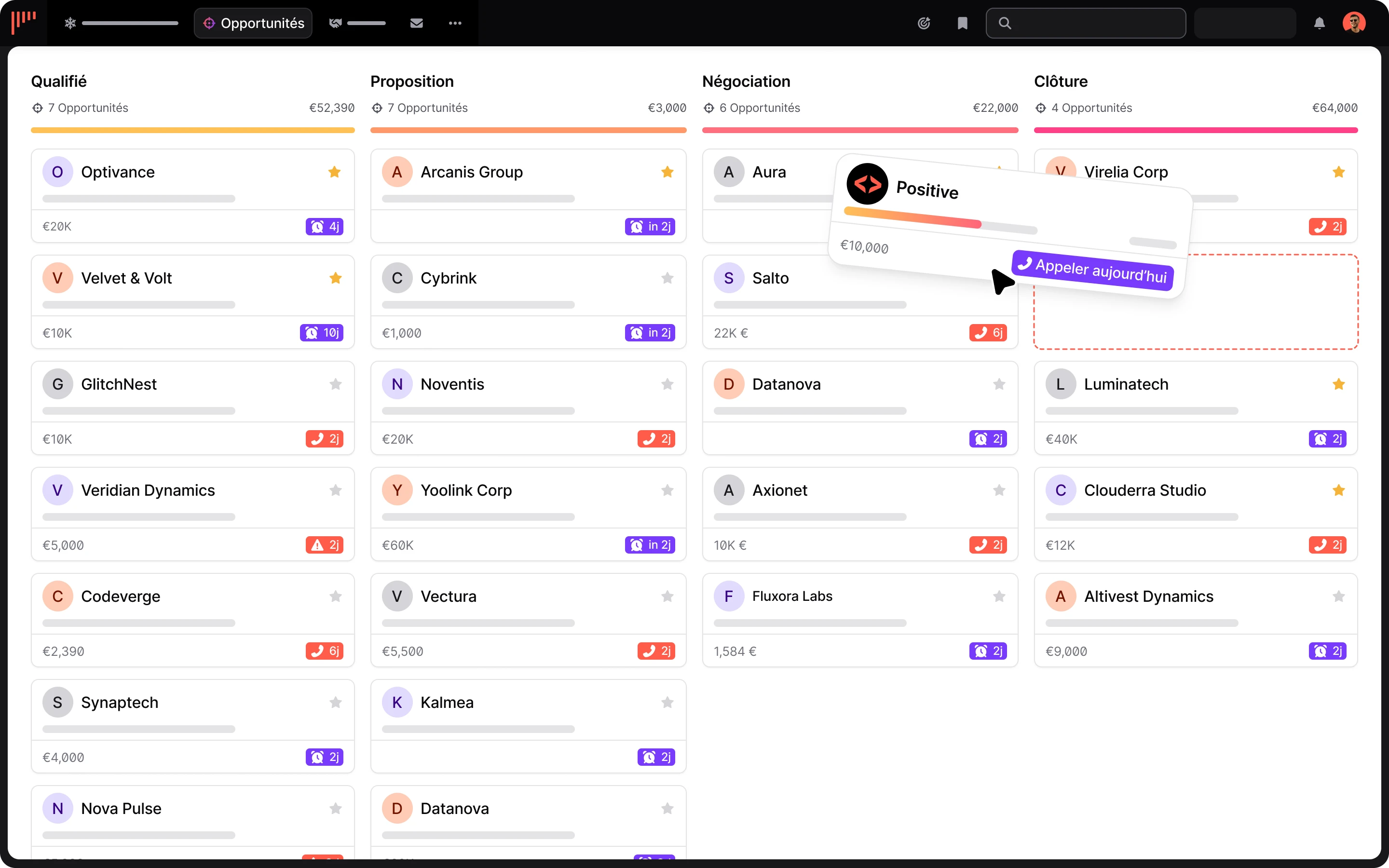 Pipeline de vente visuel noCRM avec les leads classés par étape