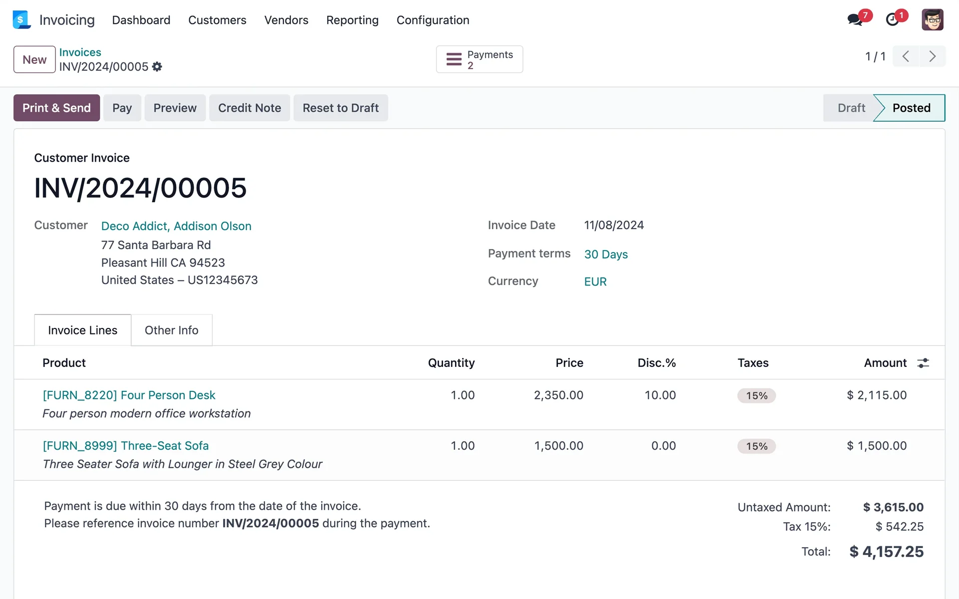 Interface de facturation présentée par Odoo