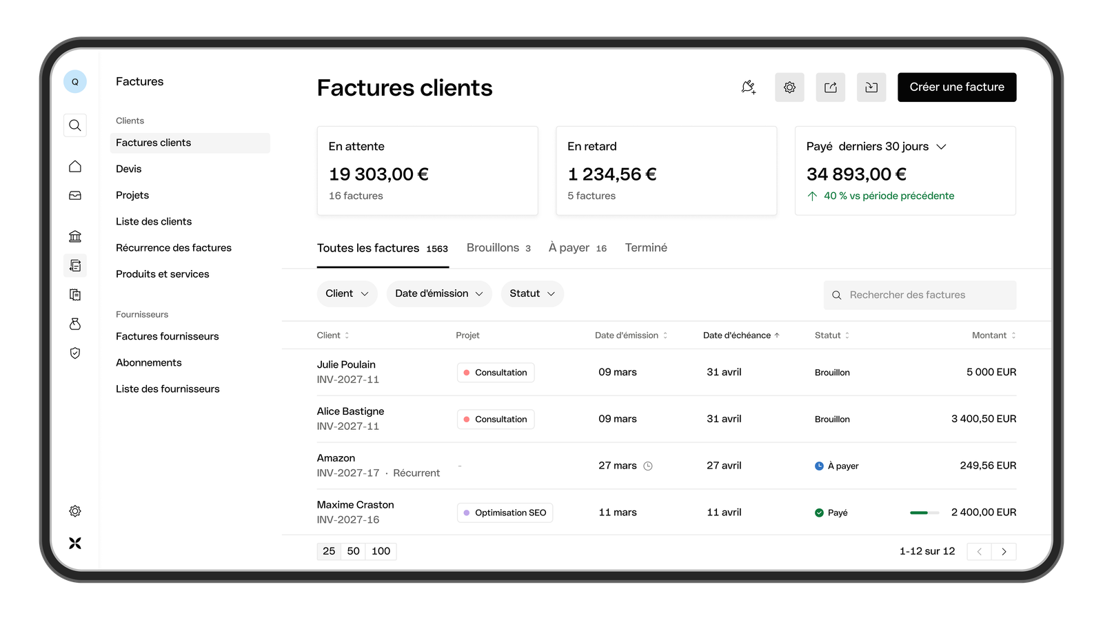 Présentation de la liste des factures clients dans Qonto Facturation
