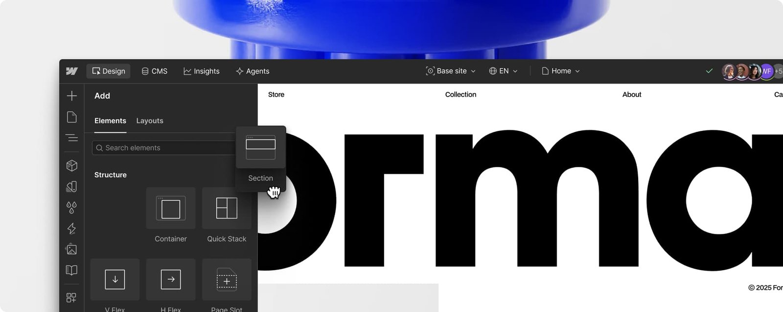 Interface de conception Webflow présentée sur le site de l’éditeur