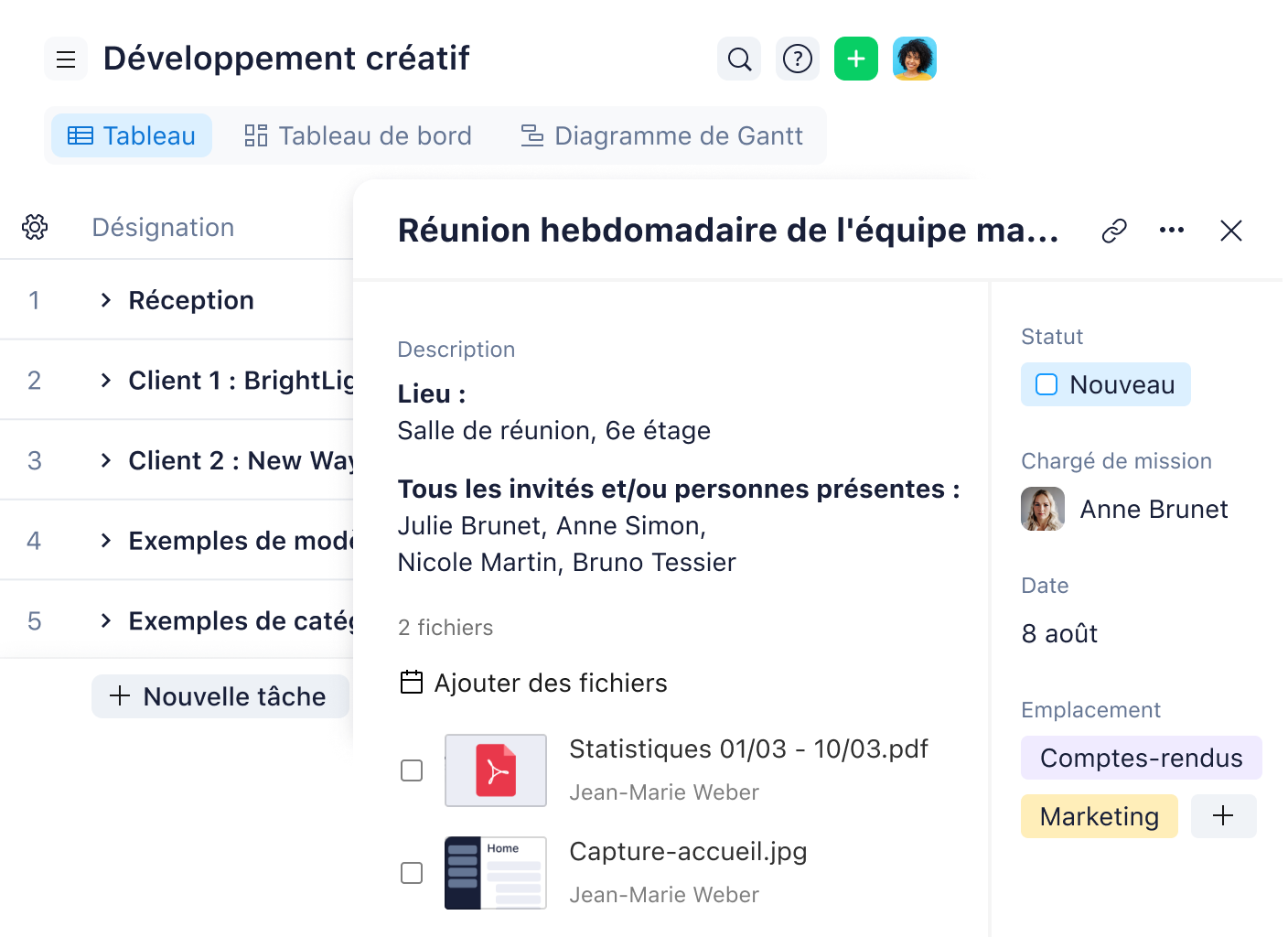 Vue des projets et des tâches présentée dans Wrike