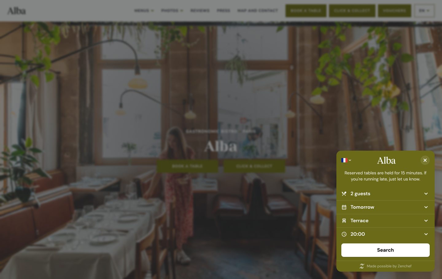 Widget de réservation Zenchef sur un site de restaurant, visuel officiel